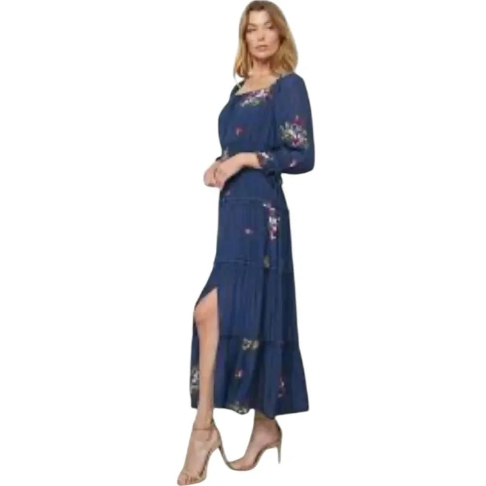 Fig and Flower Blue Embroidered Floral Tiered Modern Boho Maxi Peasant Dress L